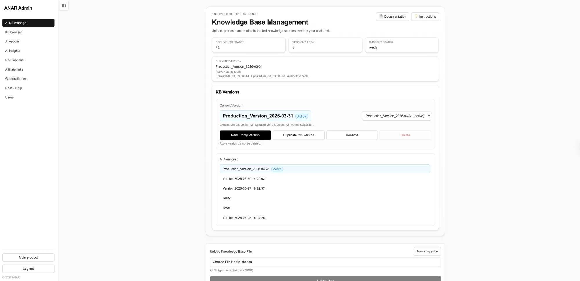 Anar admin Knowledge Base management view with versions and uploads