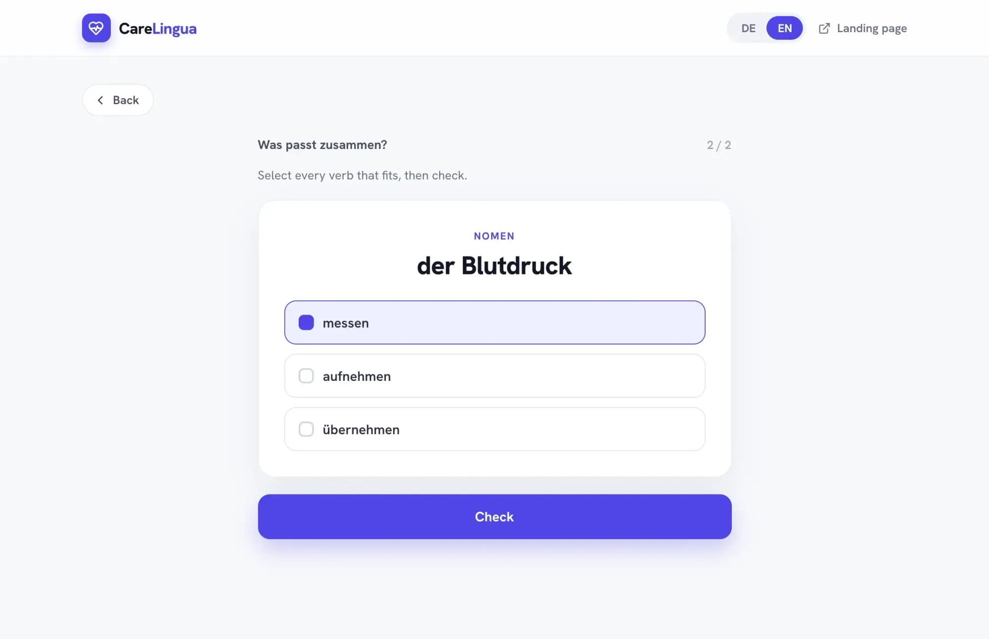 CareLingua matching exercise “Was passt zusammen?” — selecting the verbs that collocate with the noun “der Blutdruck”