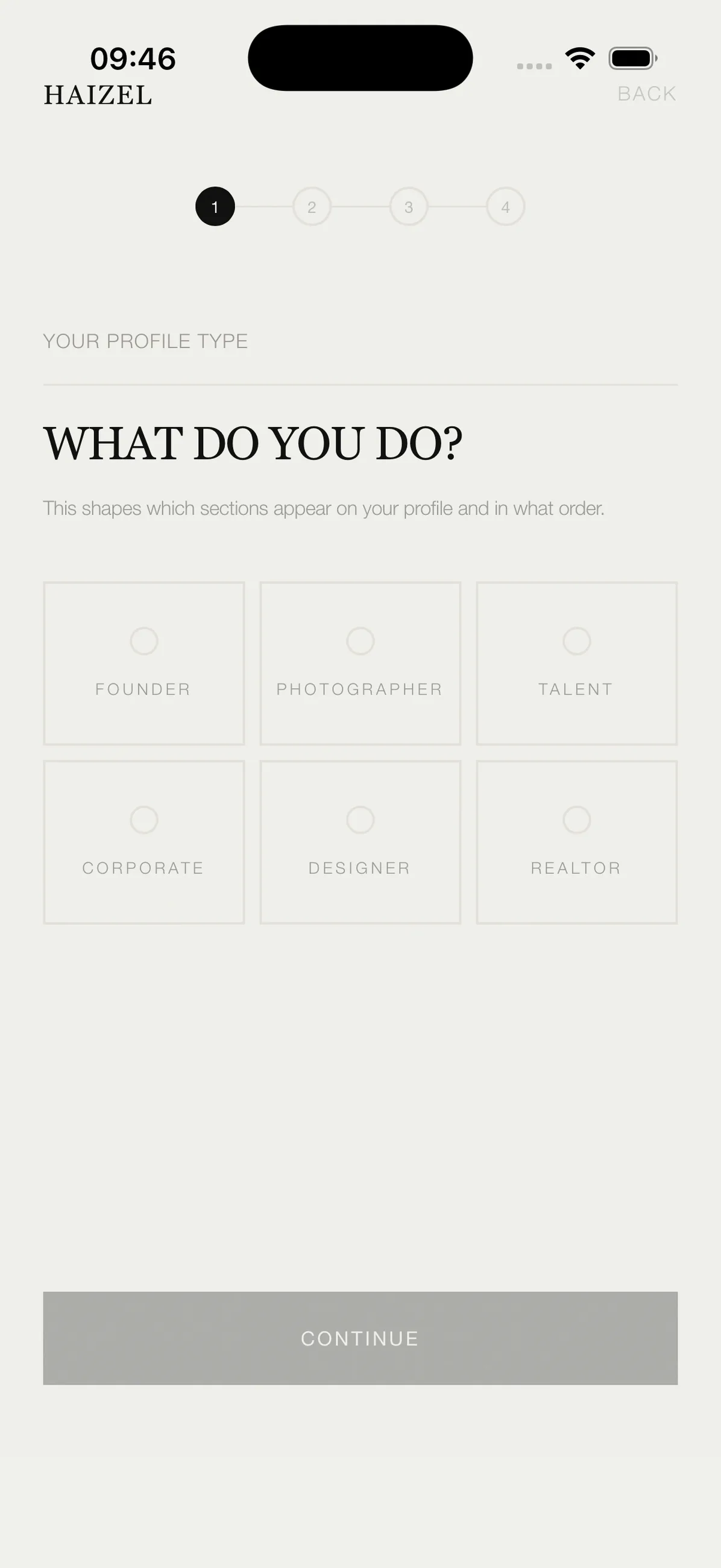 HAIZEL onboarding role picker — founder, photographer, talent, corporate, designer, realtor