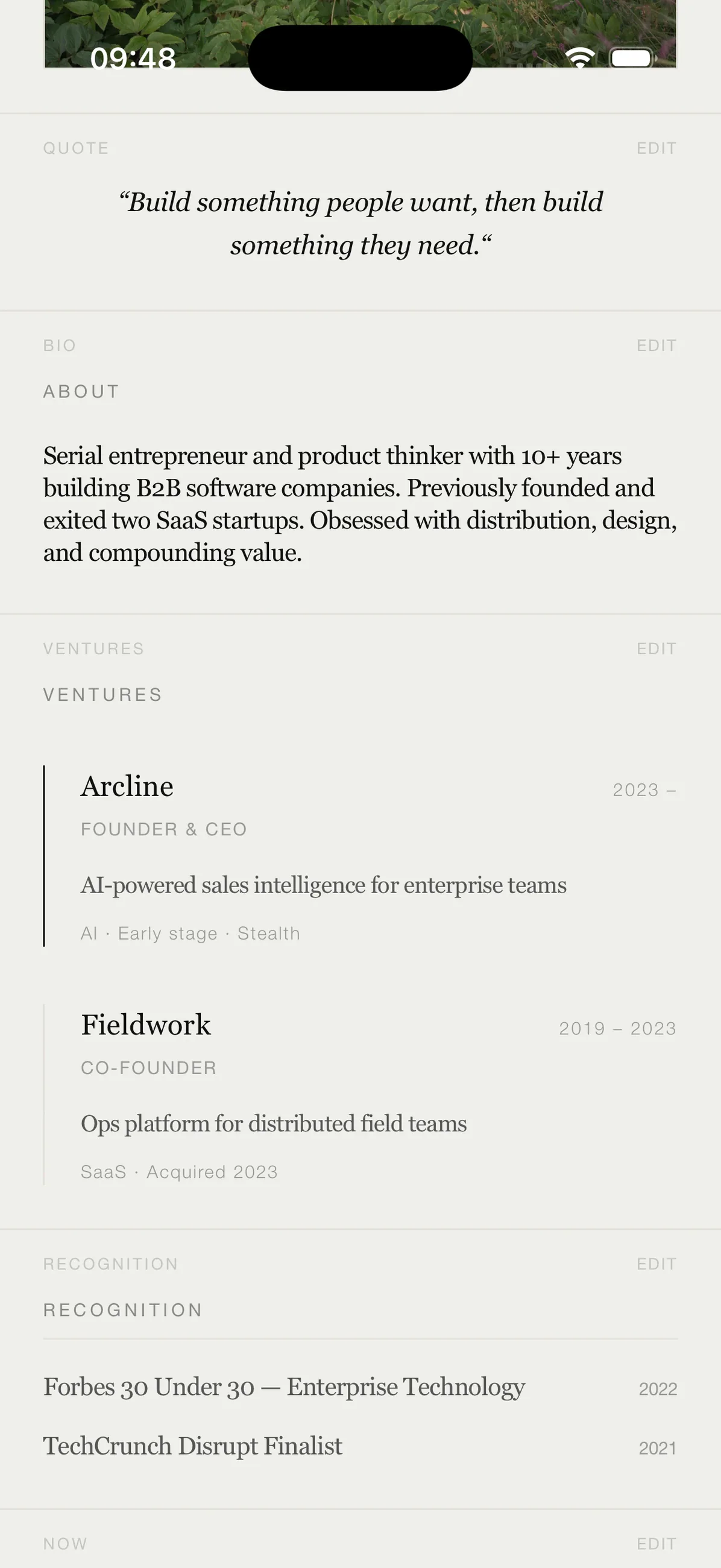 HAIZEL profile editor with quote, about, ventures and recognition blocks