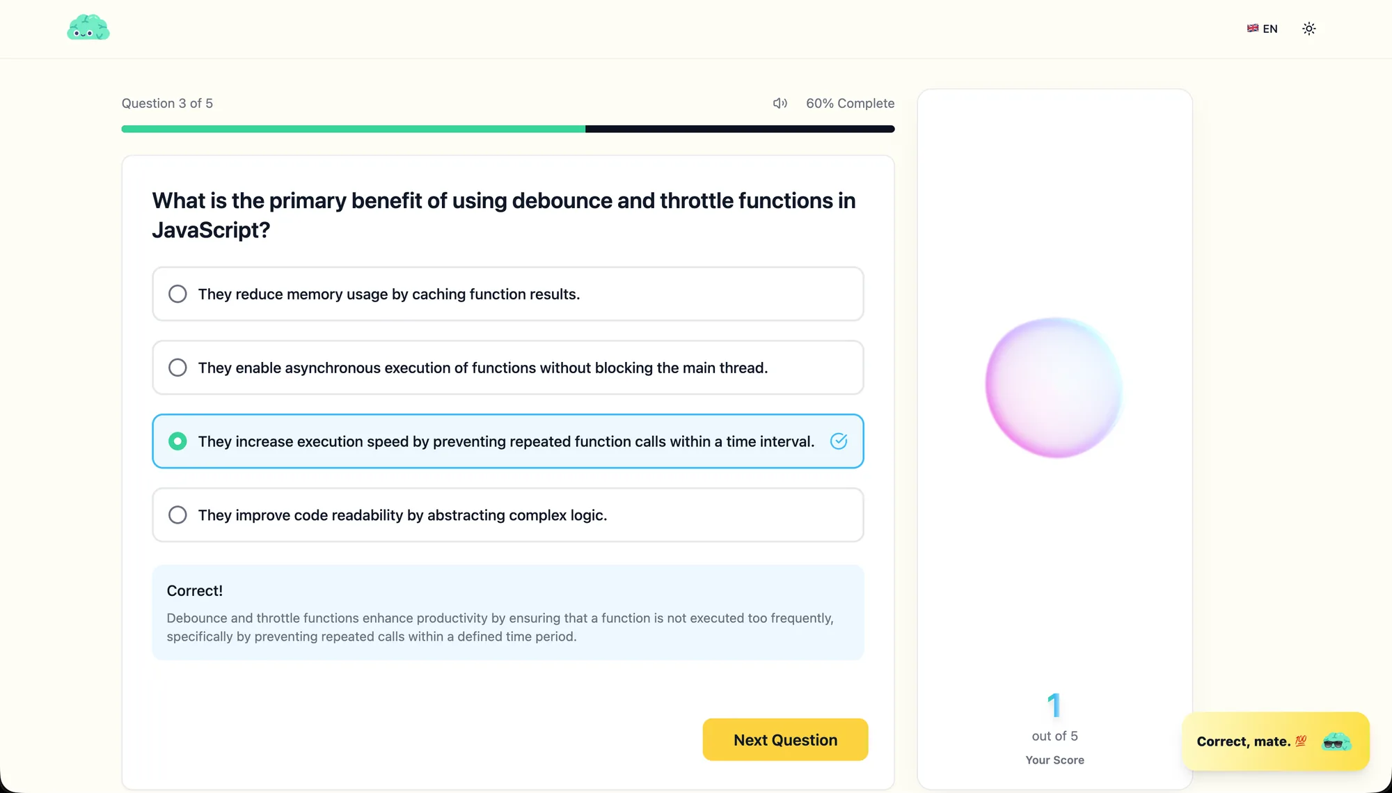 KLUUU live quiz with a multiple-choice question and immediate correctness feedback
