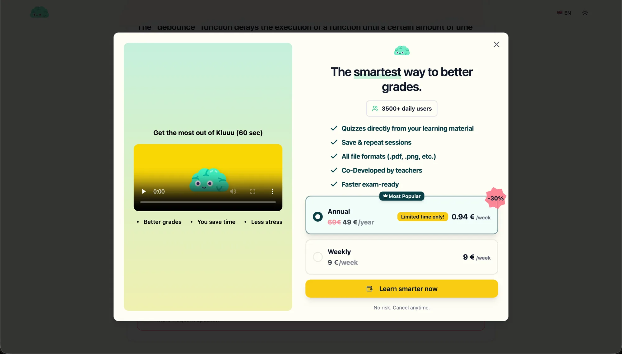 KLUUU Stripe-backed subscription paywall with annual and weekly plans