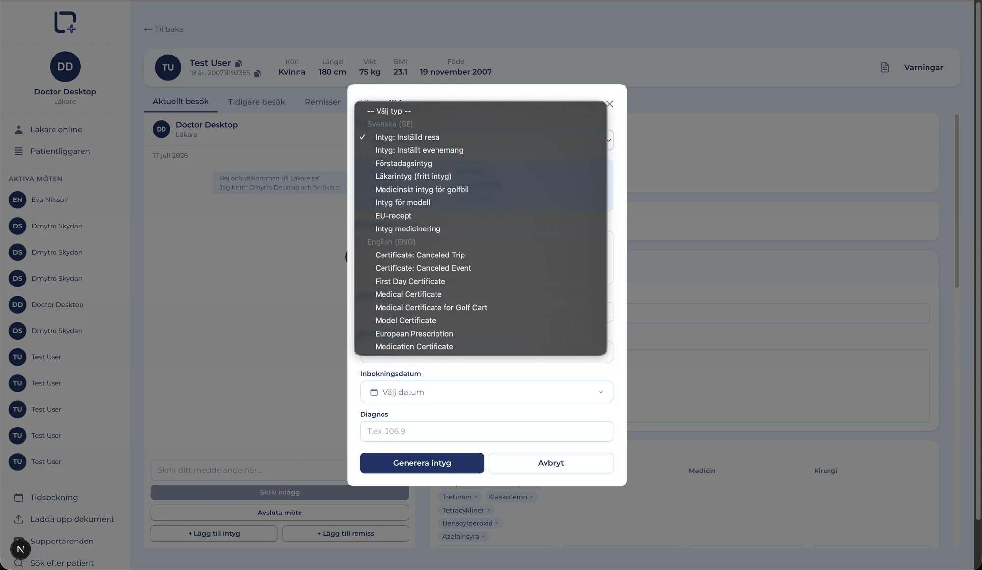 Läkare certificate generator — a dialog to choose a Swedish or English certificate type, booking date and diagnosis before generating the PDF